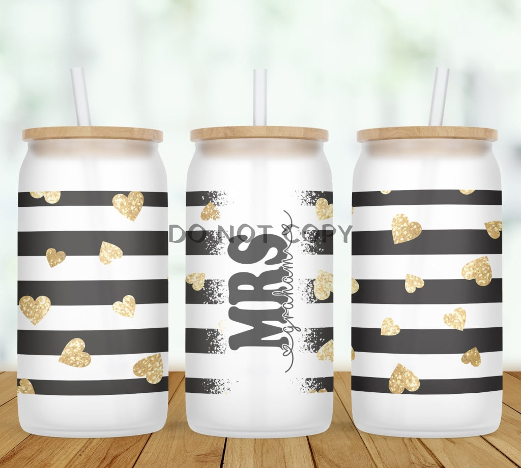 Gold Heart Stripe Personalized Glass Can