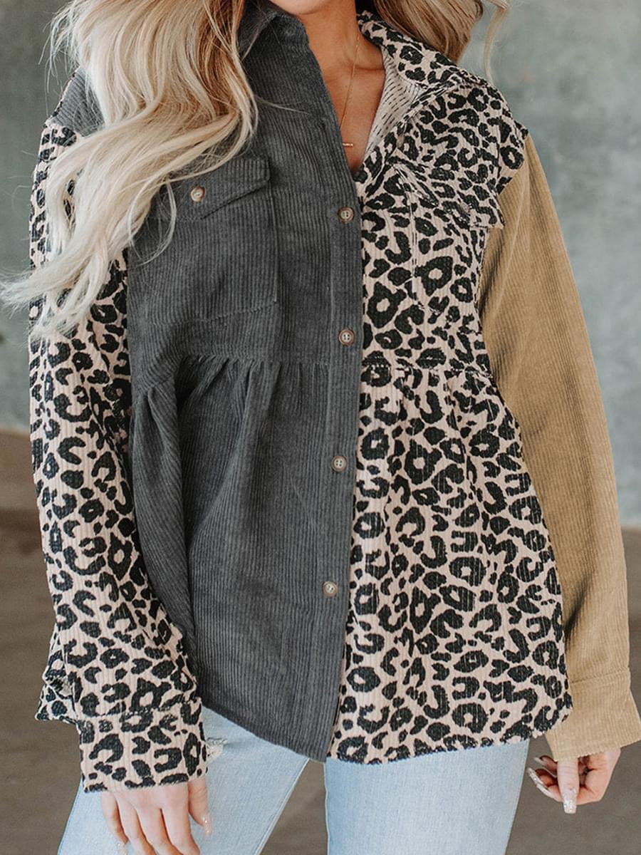 Half Leopard Baby Doll Corded Shacket