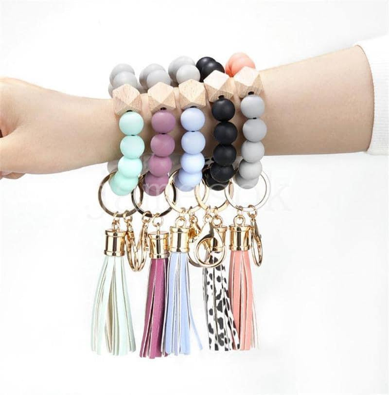 SILICONE & WOOD STRETCHY BEADED KEYCHAIN BANGLE BRACELETS RTS