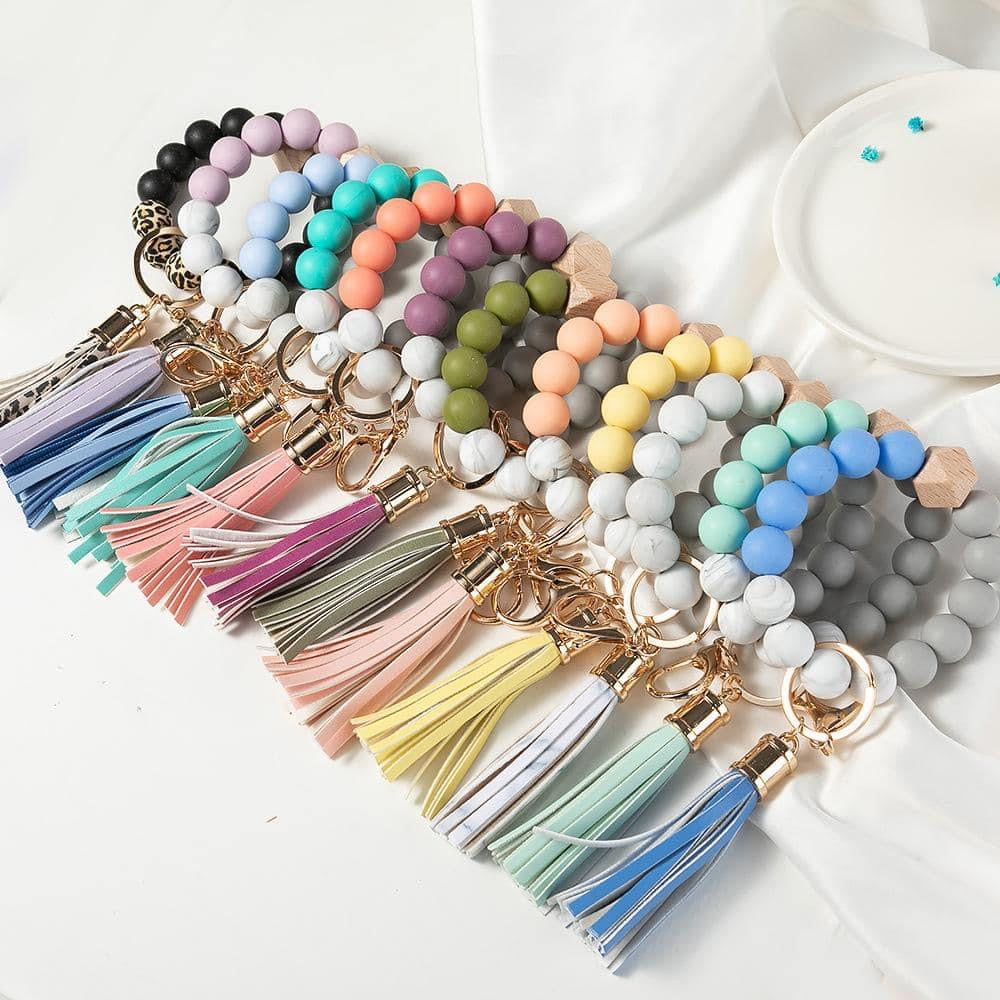 SILICONE & WOOD STRETCHY BEADED KEYCHAIN BANGLE BRACELETS RTS