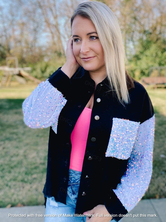 RTS Aria Denim and Sequin Sleeve Shacket