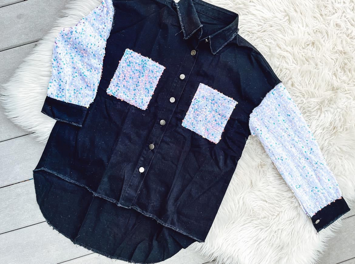 RTS Aria Denim and Sequin Sleeve Shacket