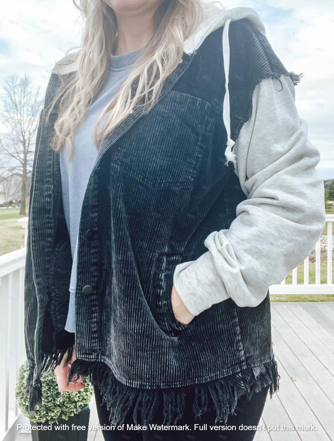 Hooded Frayed Super Soft Corded Shacket