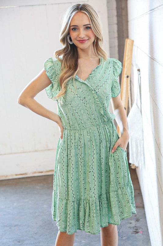 Mint Floral Ruffle Pocket Dress