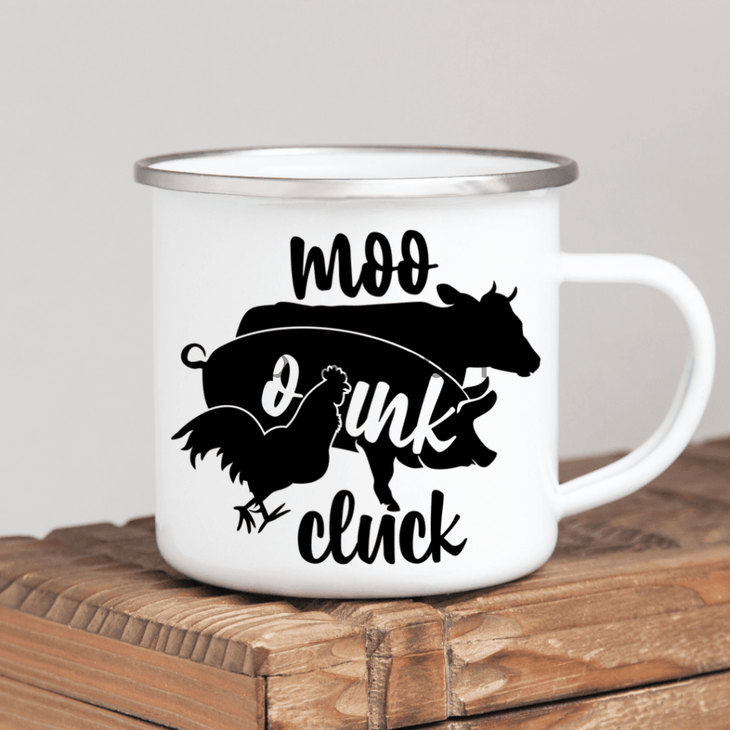 Moo Oink Cluck Enamel Mug Mug