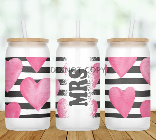 Pink Heart Stripe Personalized Glass Can