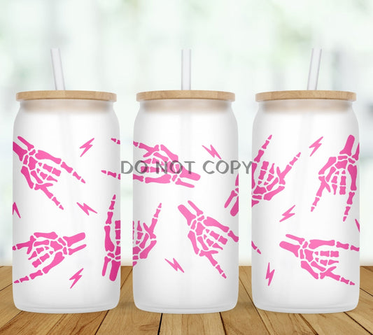 Pink Rocker Skeleton Hands Glass Can