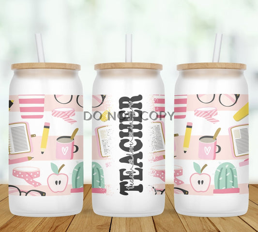 Pink Teacher Personalized Glass Can
