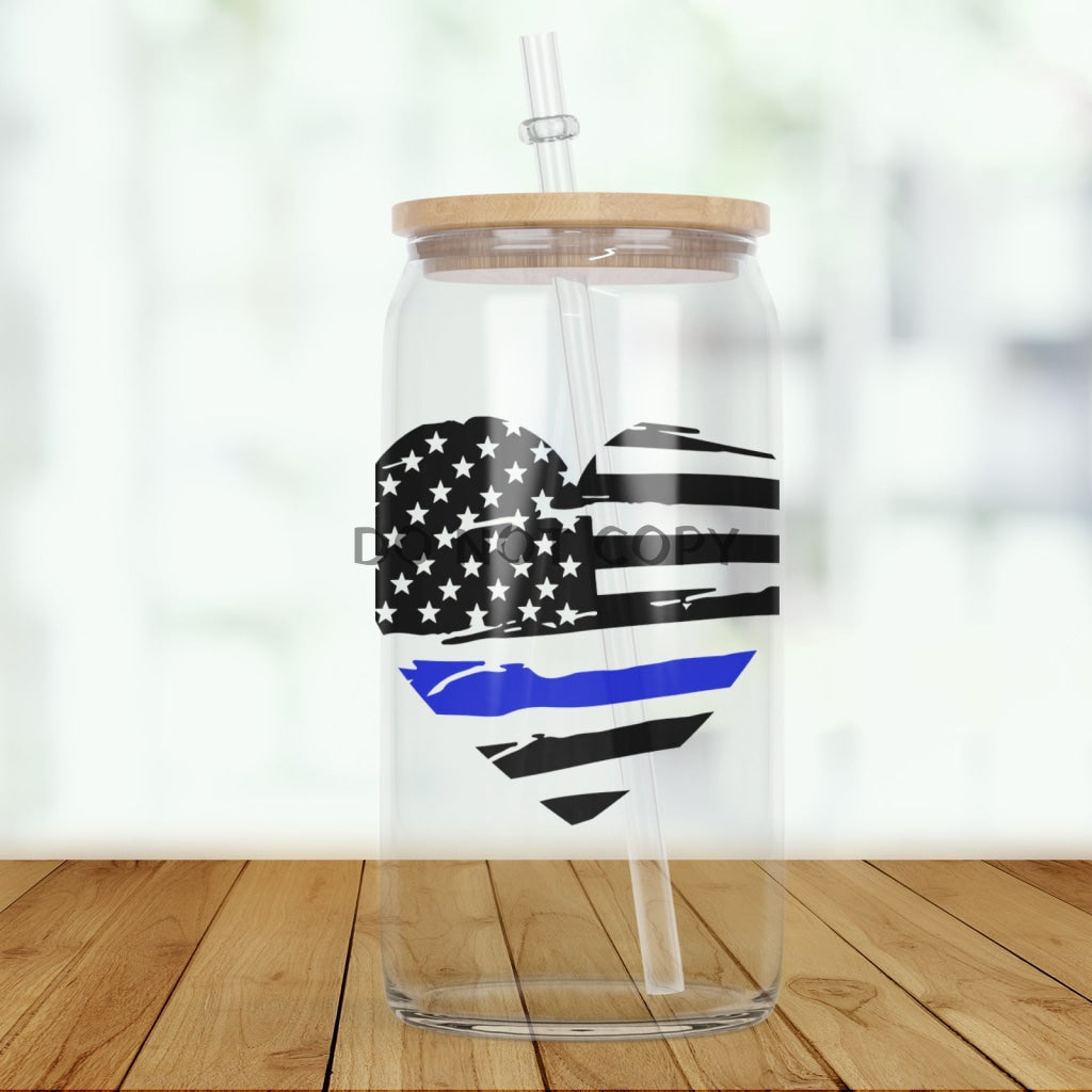 Police Flag Heart Clear Glass Glass Can