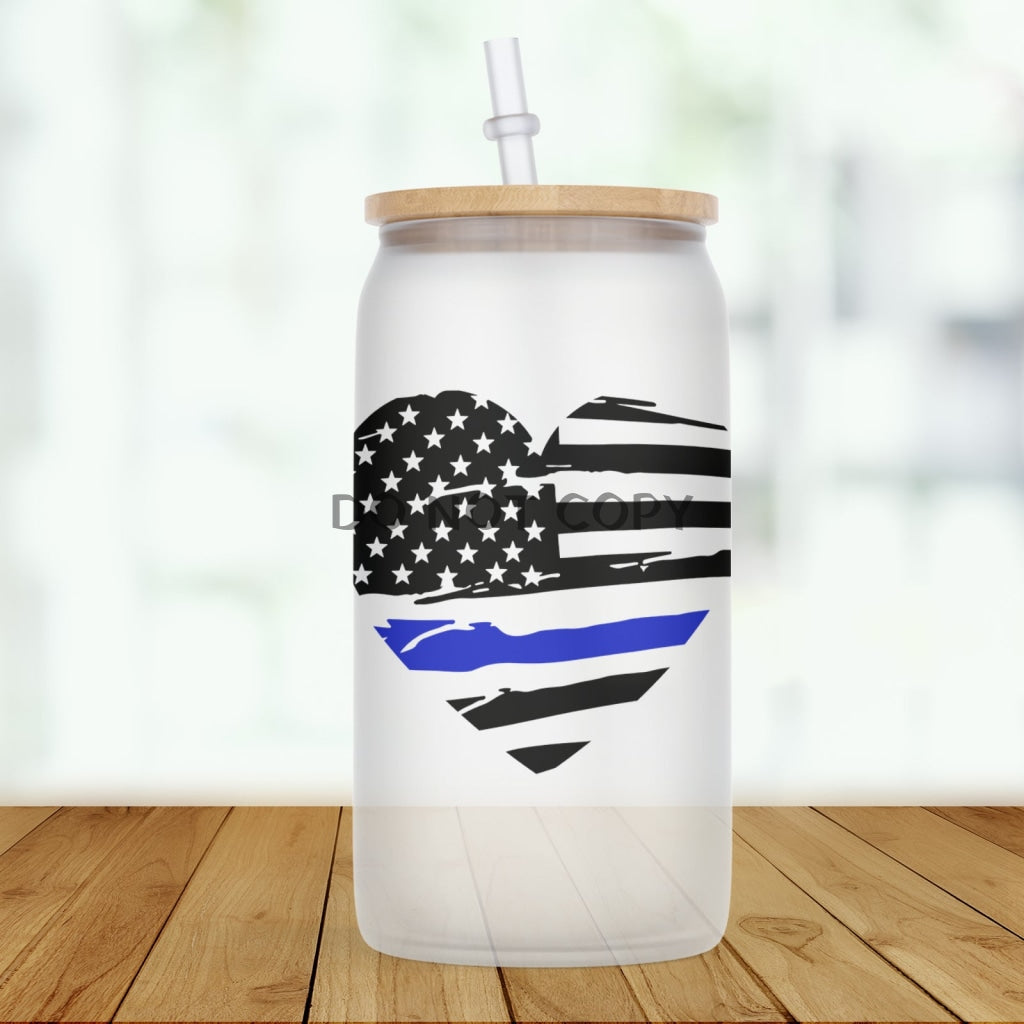 Police Flag Heart Frosted Glass Glass Can