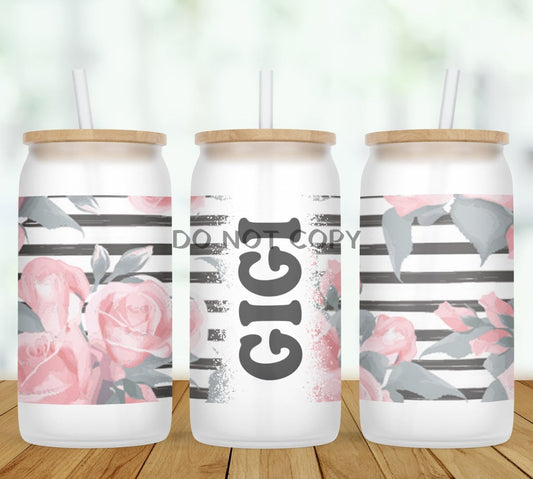 Stripes & Rose Personalized Glass Can